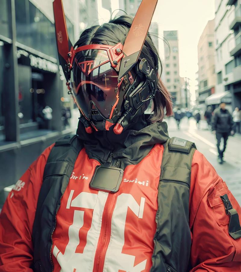 17703-380677548-(original_ 1.2), masterpiece, best quality, a woman with a fantastic cyberhelmet, wearing red techwear jacket, on the street.png